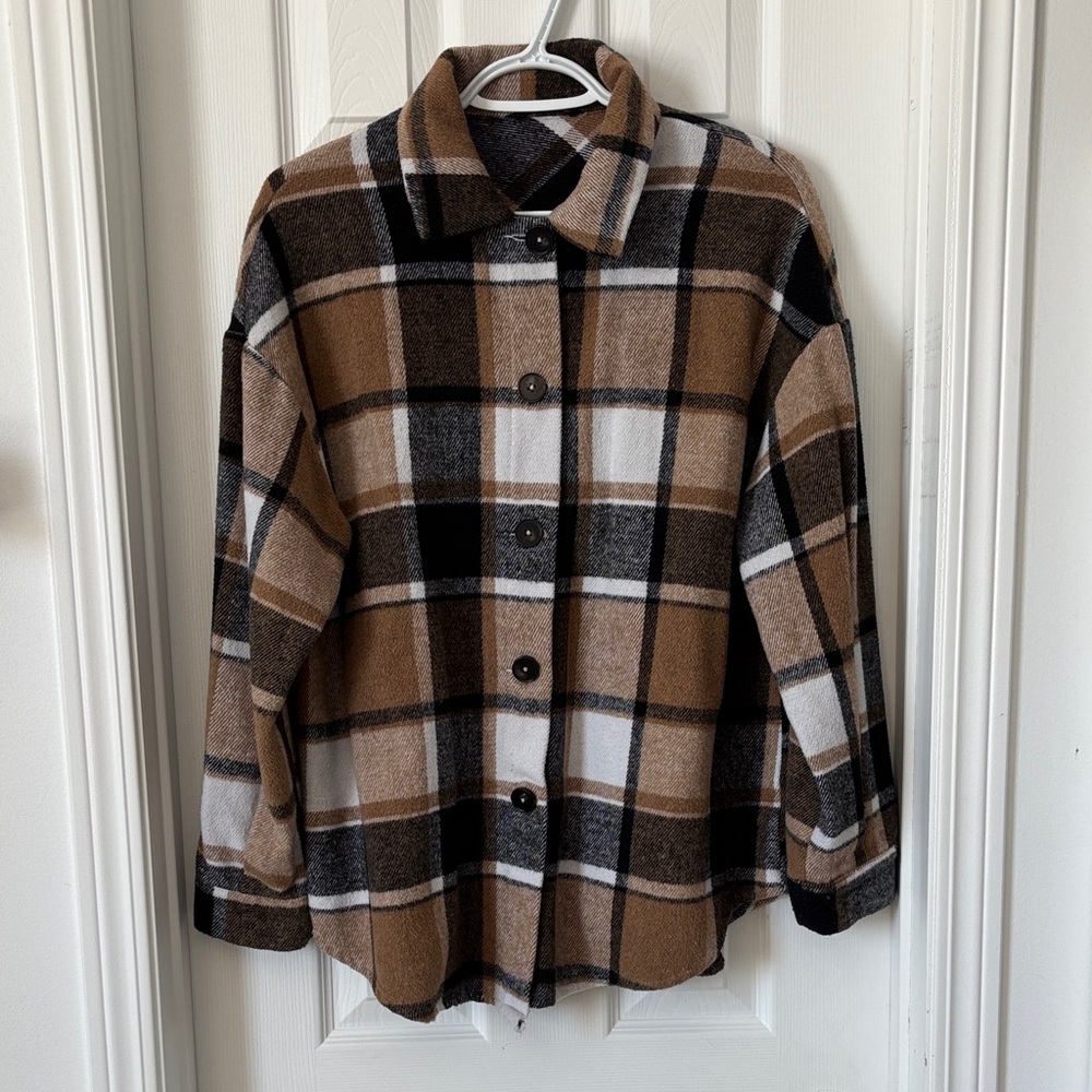 SHEIN Brown Black White Plaid Button-Up Shacket